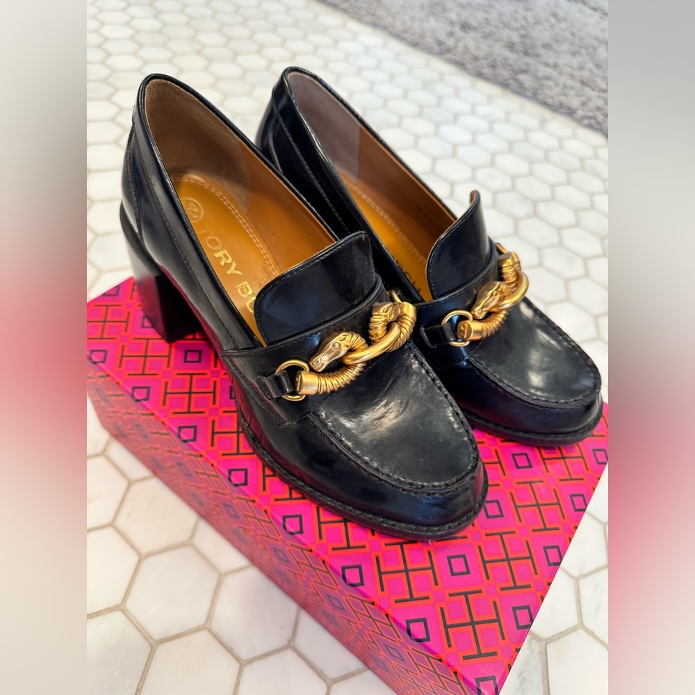 Tory Burch Black Leather Loafers with Gold Buckle Detail